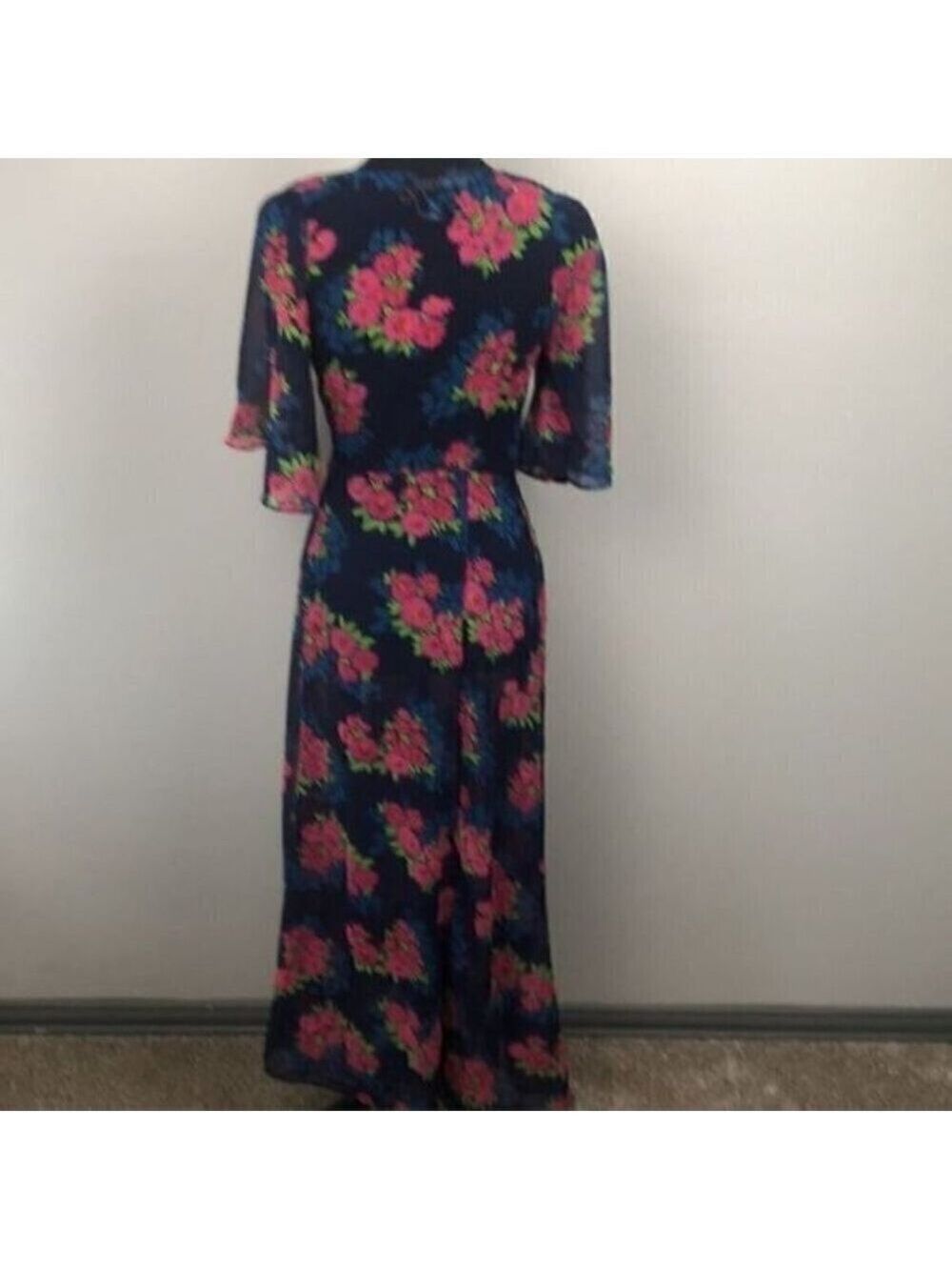 Zara Blue Maxi Wrap Dress Sheer Floral Chiffon V-Neck Short Flutter Sleeve S - Picture 9 of 15